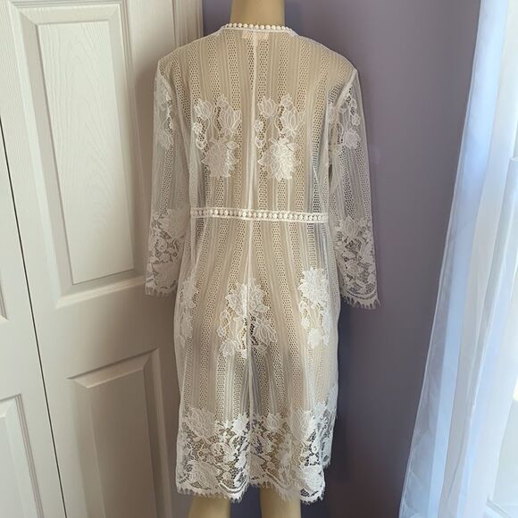 Designer Swimwear Lace Crochet Cover-up Kimono Wrap M white - Picture 6 of 10